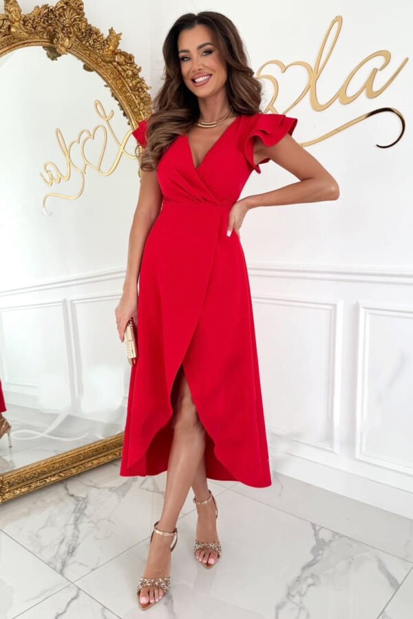 Solid Color And V-neck Waist-tight Ruffle Sleeve Irregular Dress - Image 2